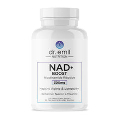 DR. EMIL NUTRITION NAD+ Boost bottle-front view highlighting sleek packaging for daily longevity support.