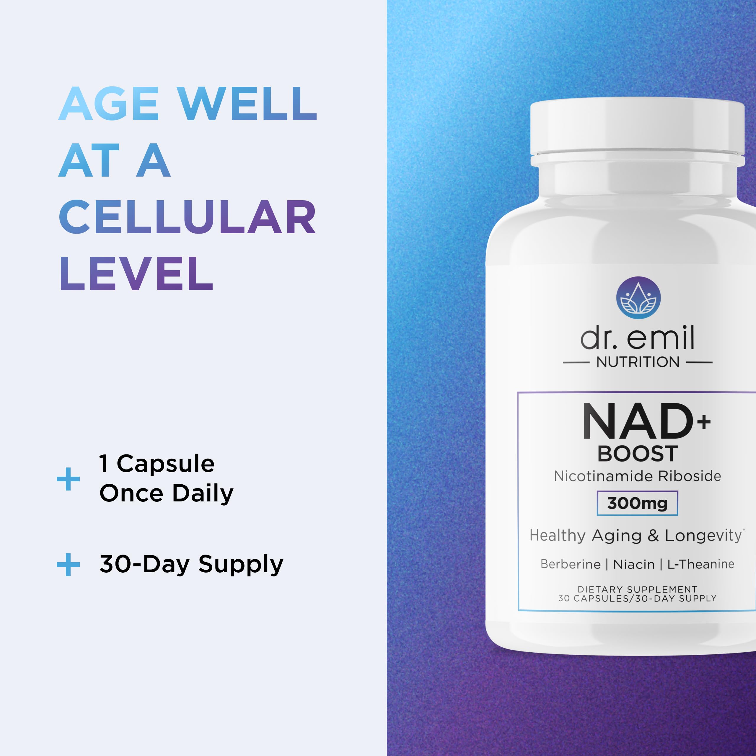 DR. EMIL NUTRITION NAD+ Boost ingredient-blend closeup featuring berberine, L-theanine, niacin.