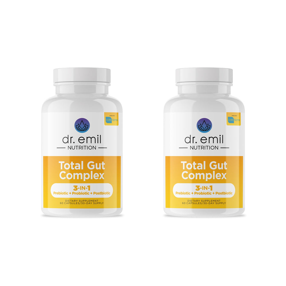 DR. EMIL NUTRITION Total Gut Health Complex bottle front view showing two-capsule daily dose