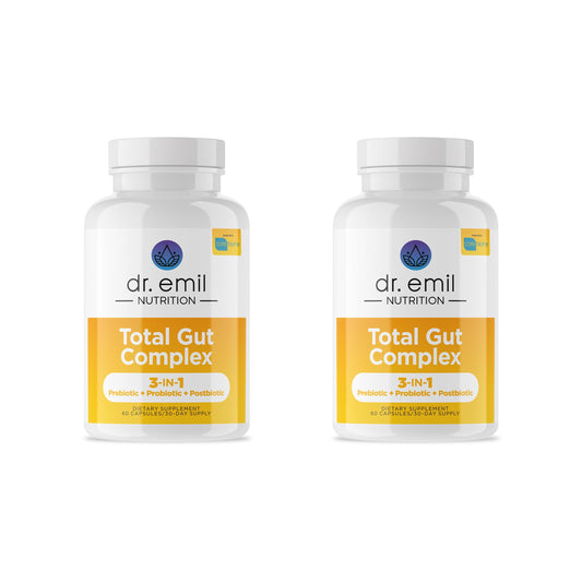DR. EMIL NUTRITION Total Gut Health Complex bottle front view showing two-capsule daily dose