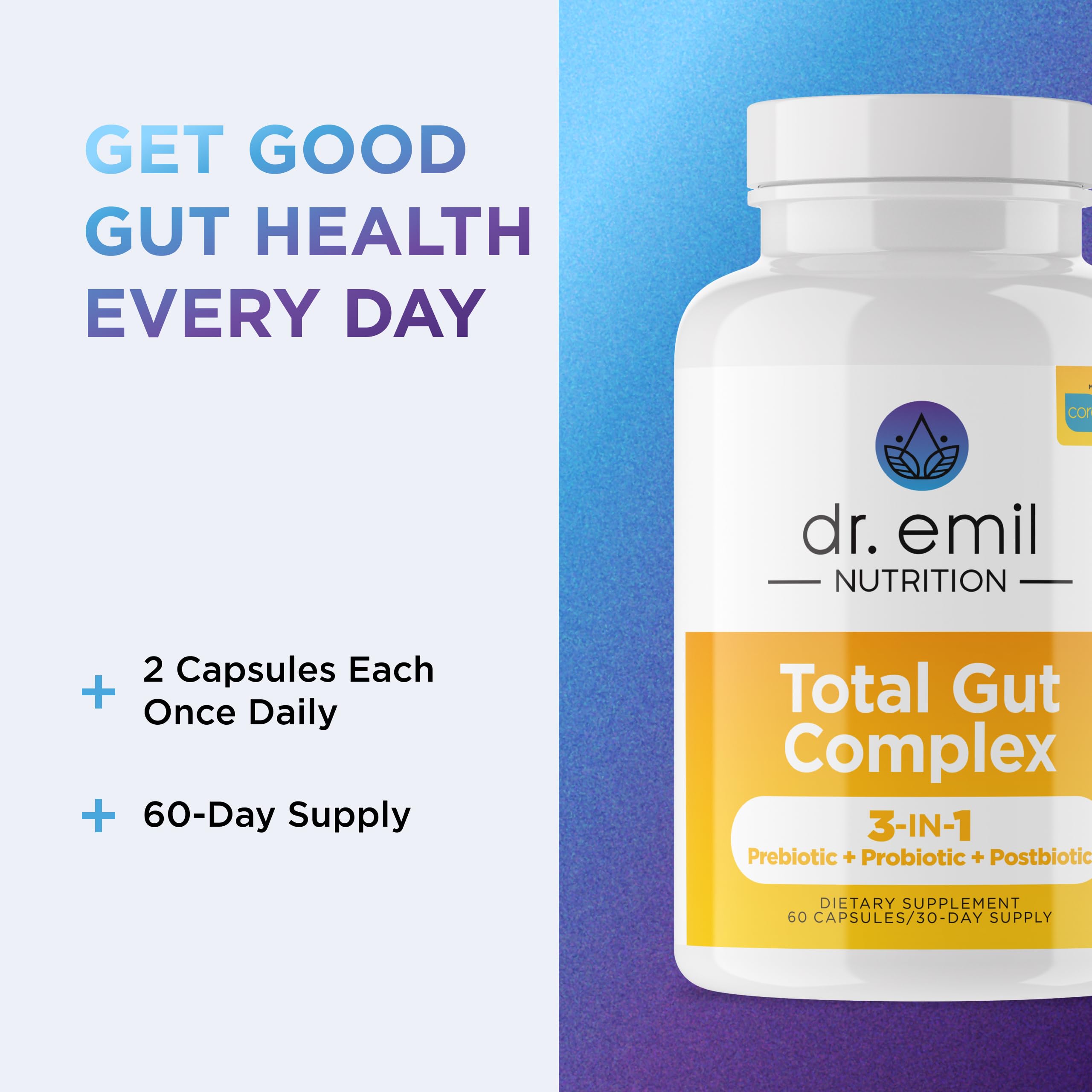 Ingredient card highlights prebiotic, probiotic, and postbiotic components