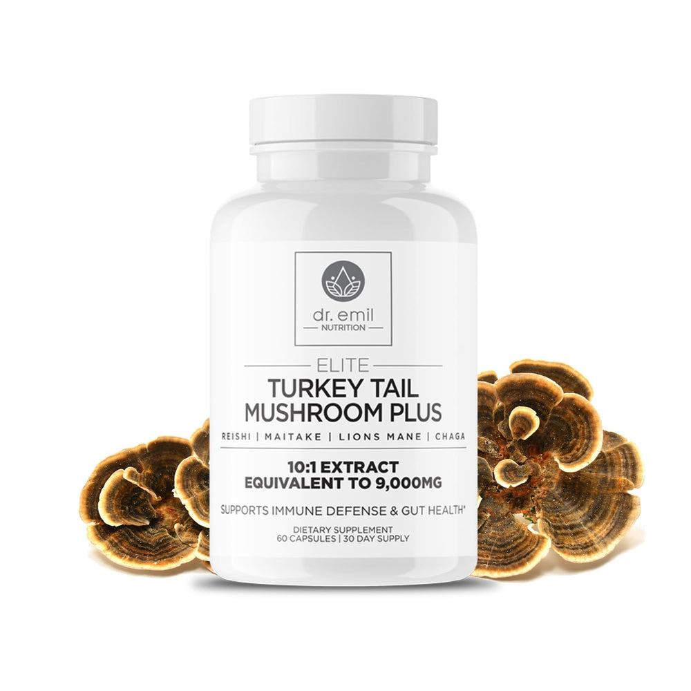 DR. EMIL NUTRITION Turkey Tail bottle shows immune support and gut health.