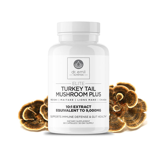 DR. EMIL NUTRITION Turkey Tail bottle shows immune support and gut health.