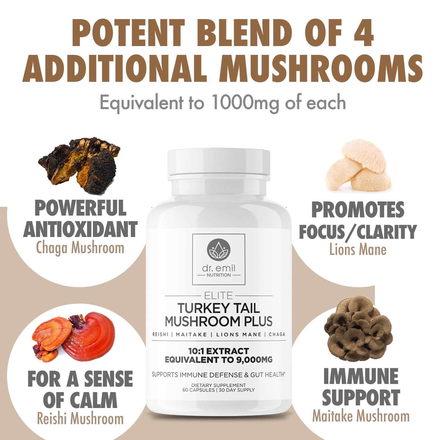 DR. EMIL NUTRITION Turkey Tail label close-up emphasizing potency and purity.