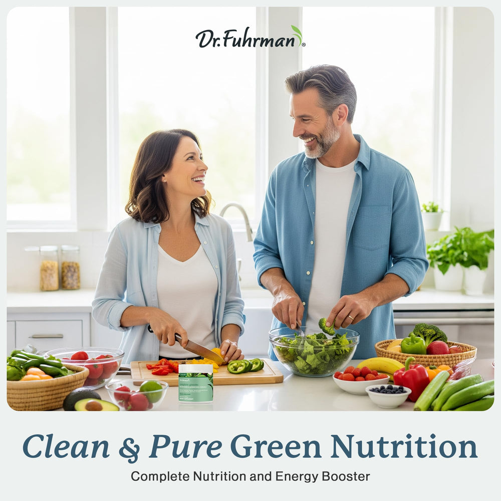 Dr. Fuhrman greens powder shown with smoothie for easy daily nutrition