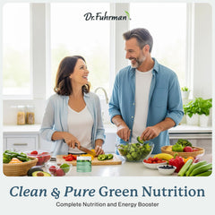 Dr. Fuhrman greens powder shown with smoothie for easy daily nutrition