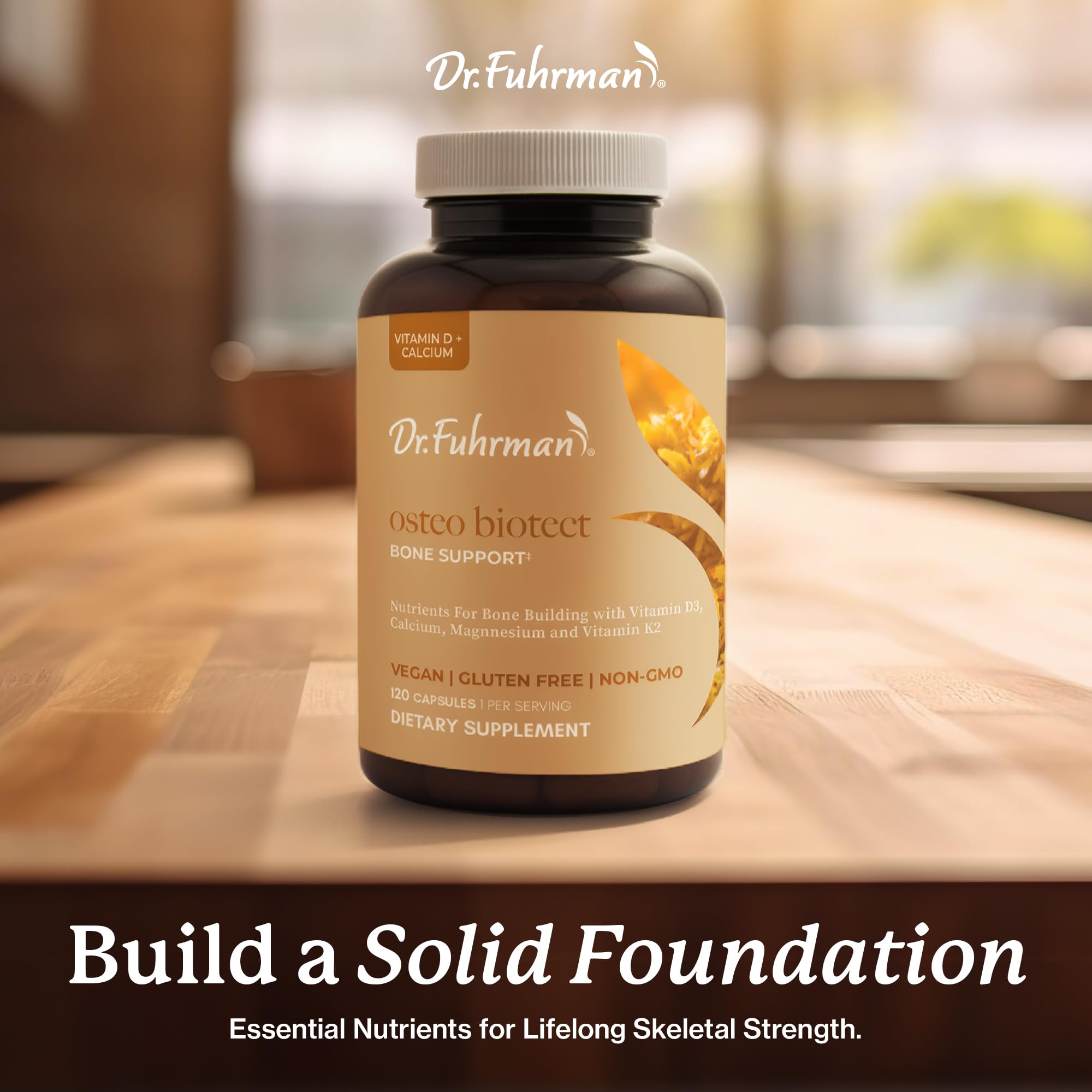 Dr. Fuhrman Osteo bottle on kitchen counter, ready for your daily routine.