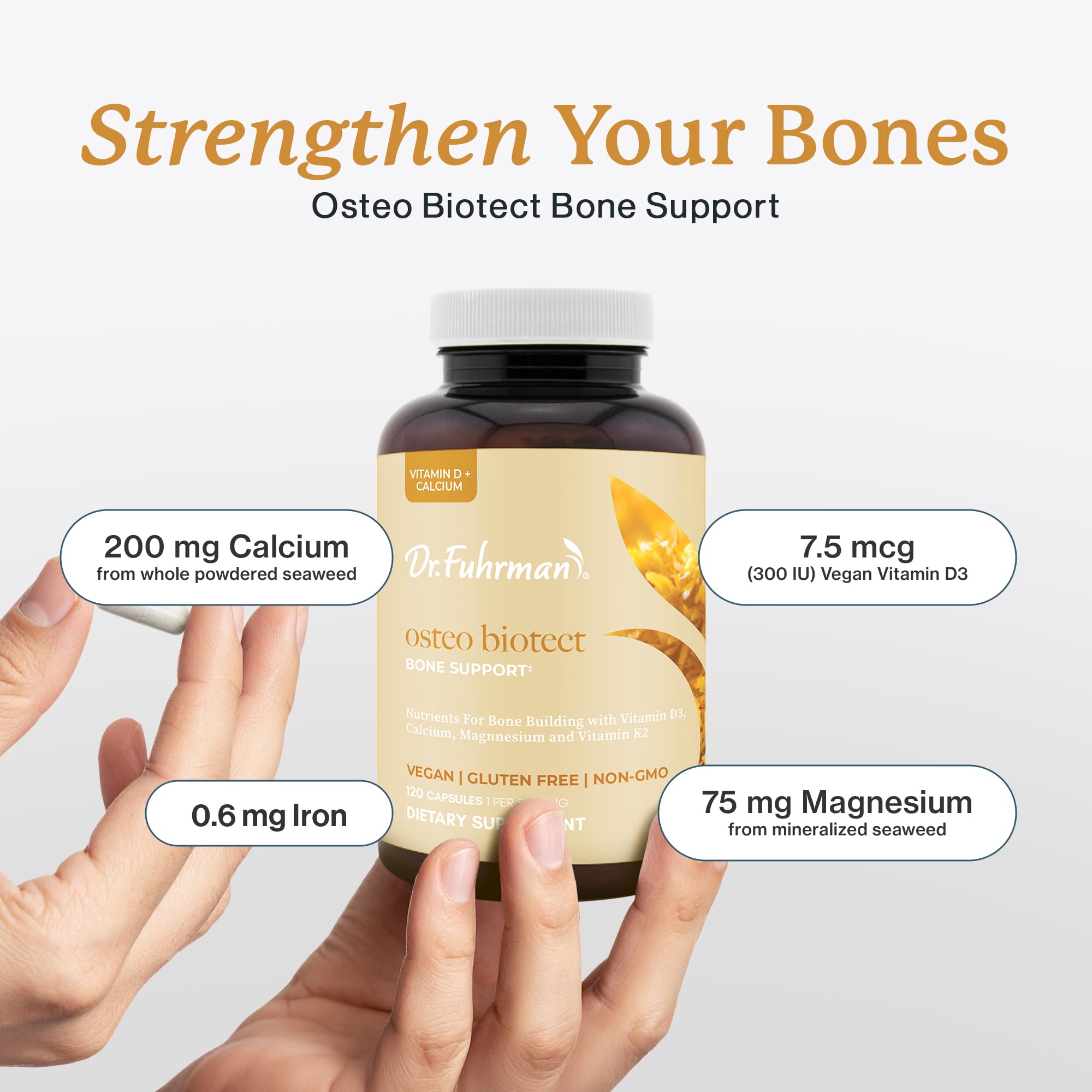 Dr. Fuhrman Osteo capsules closeup, featuring vegan calcium and key minerals.
