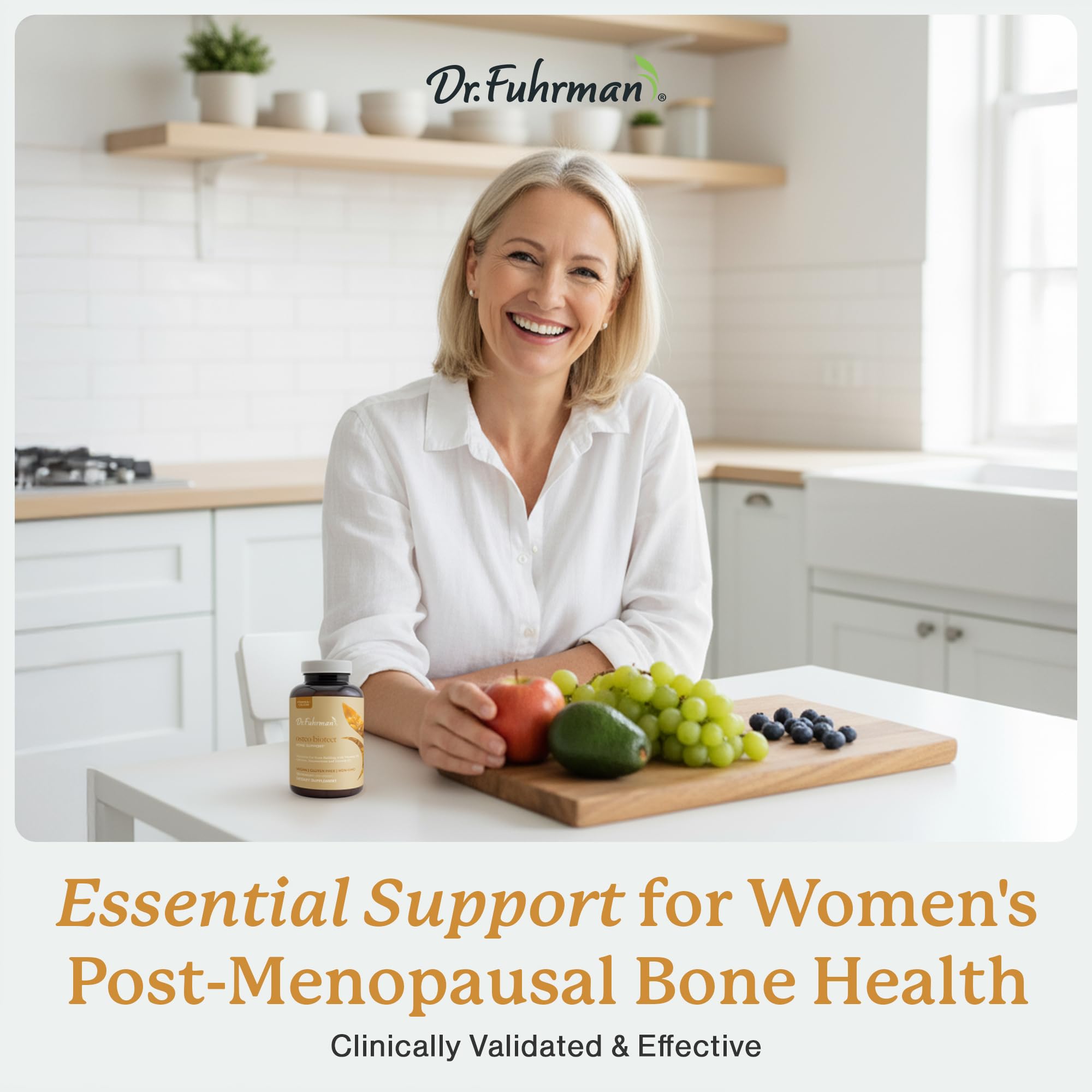 Dr. Fuhrman Osteo ingredients panel, highlights wholefood minerals for balanced absorption.