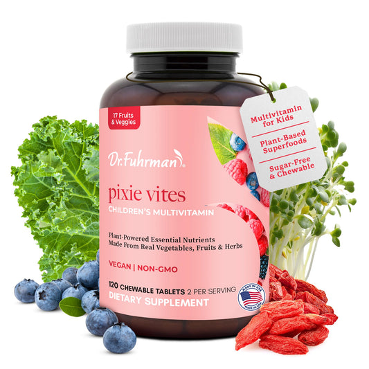 Dr. Fuhrman Pixie Vites chewable bottle with kid-friendly multivitamin for daily nutrition.