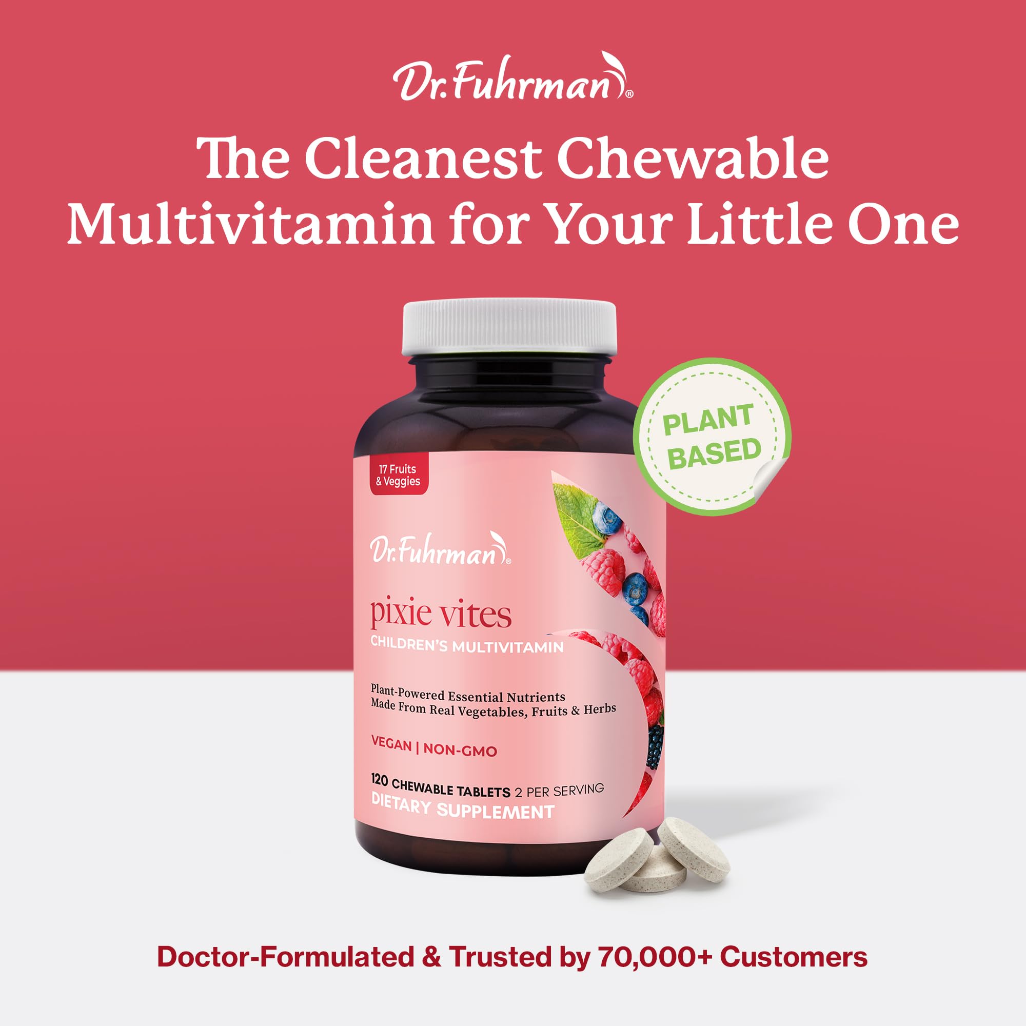 Dr. Fuhrman Pixie Vites bottle highlights vegan D3 and zinc benefits.