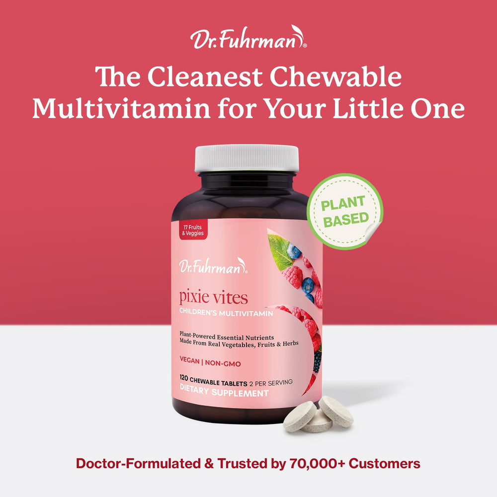 Dr. Fuhrman Pixie Vites bottle highlights vegan D3 and zinc benefits.