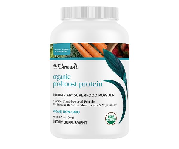Dr. Fuhrman Pro-Boost bottle with vanilla flavor highlighting organic plant protein for daily smoothies