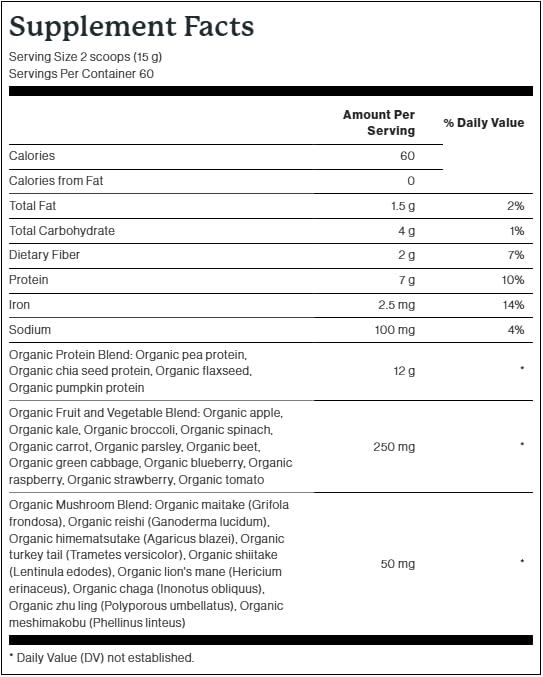 Dr. Fuhrman Pro-Boost powder scoop displays nine mushroom powders and greens for daily smoothies