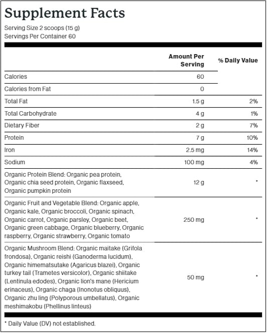 Dr. Fuhrman Pro-Boost powder scoop displays nine mushroom powders and greens for daily smoothies