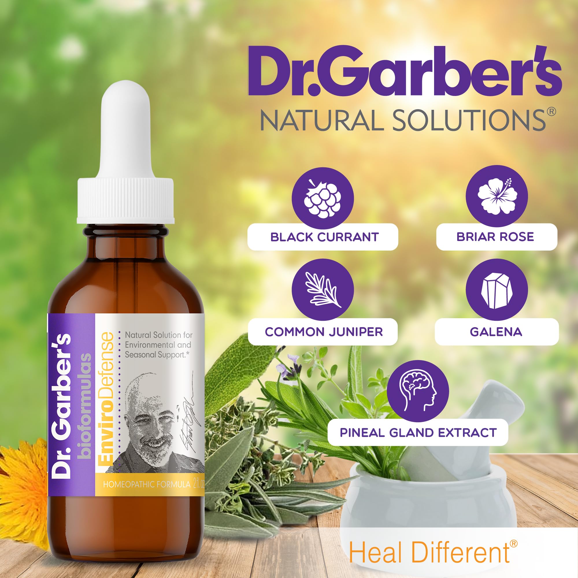 DR.GARBER'S Enviro Defense dropper pouring dose illustrating easy daily use.