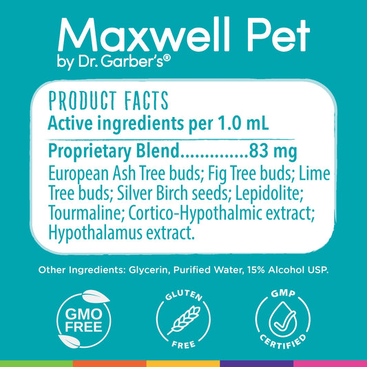 DR.GARBER'S Maxwell Pet drops-into-mouth visualization shows easy dosing for daily calm.