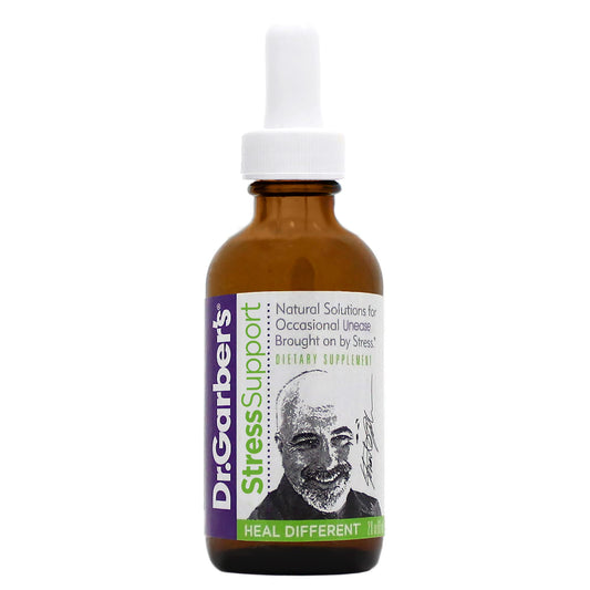 Dr. Garber's Stress Support bottle label highlights calming formula for daily balance