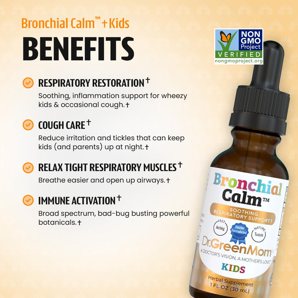 Dr. Green Mom Bronchial Calm Kids dosing chart with weight guidance for caregivers