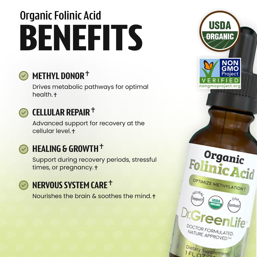 Dr. Green Mom Folinic Acid Drops dropper ready for precise 500 mcg dosing.