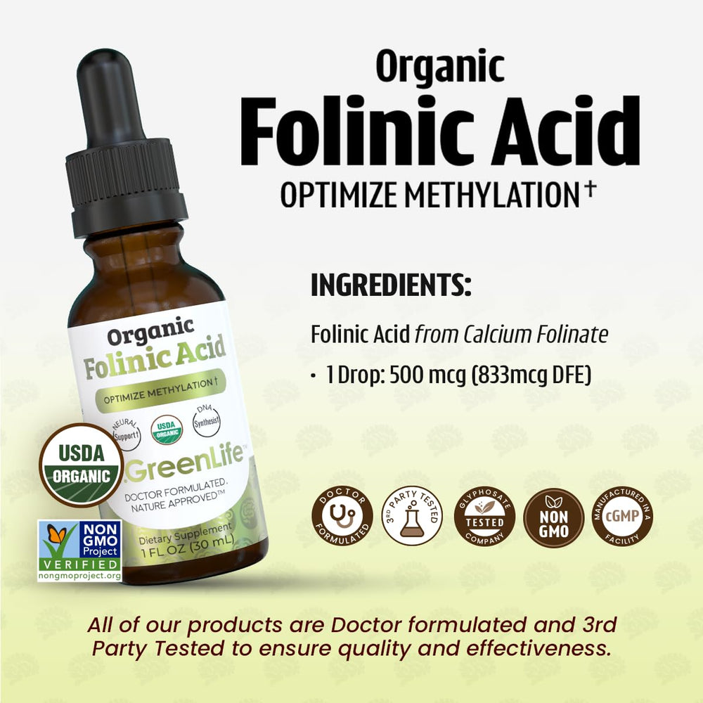 Dr. Green Mom Folinic Acid Drops close-up of pure three-ingredient formula.