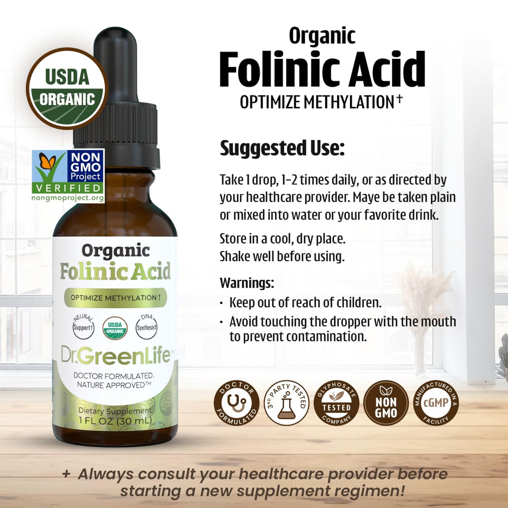 Dr. Green Mom Folinic Acid Drops bottle on kitchen counter for everyday use.