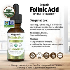 Dr. Green Mom Folinic Acid Drops bottle on kitchen counter for everyday use.
