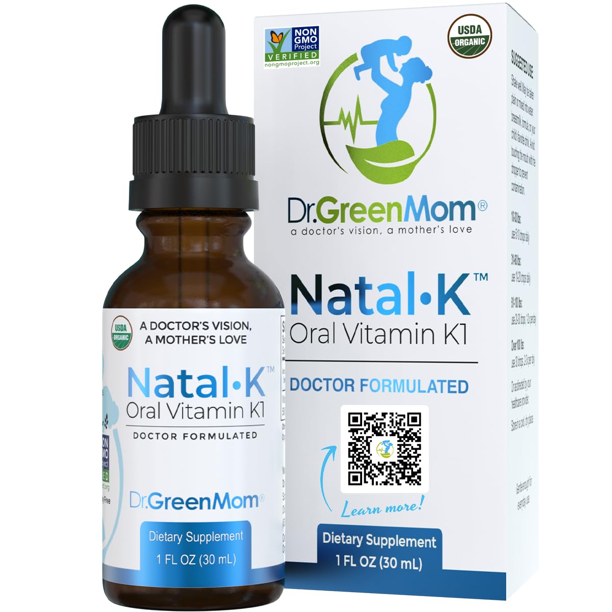 The Dr. Green Mom Natal K bottle with dropper enables newborn dosing.