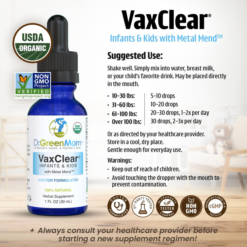 Dr. Green Mom VaxClear chlorella-turmeric-cilantro blend highlights key herbs.