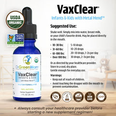 Dr. Green Mom VaxClear chlorella-turmeric-cilantro blend highlights key herbs.