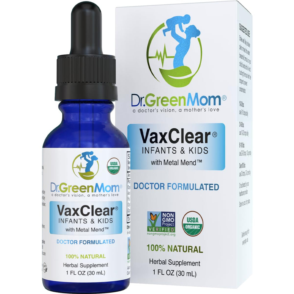 Dr. Green Mom VaxClear Metal Mend bottle pour for kid dosing.
