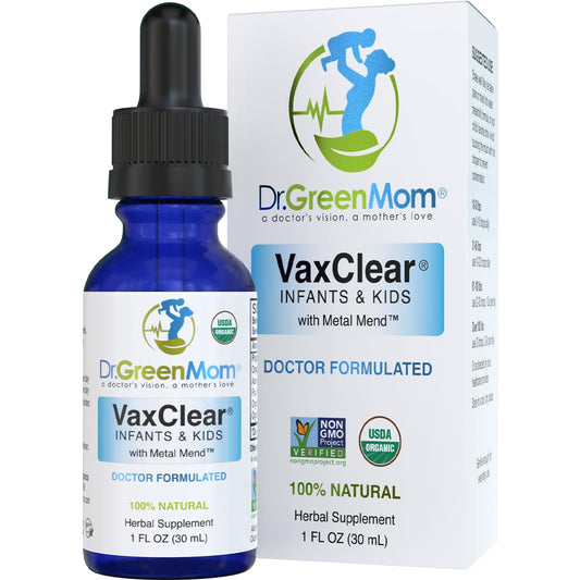 Dr. Green Mom VaxClear Metal Mend bottle pour for kid dosing.