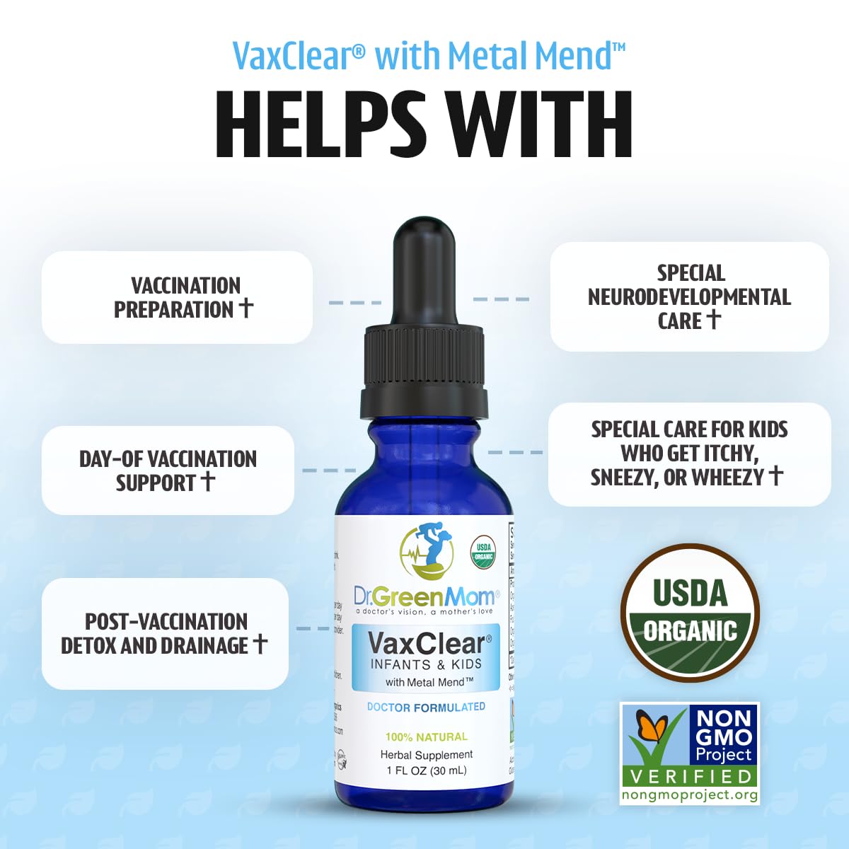 Dr. Green Mom VaxClear organic herbs label showing certification.