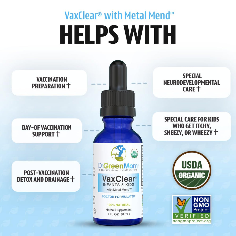 Dr. Green Mom VaxClear organic herbs label showing certification.