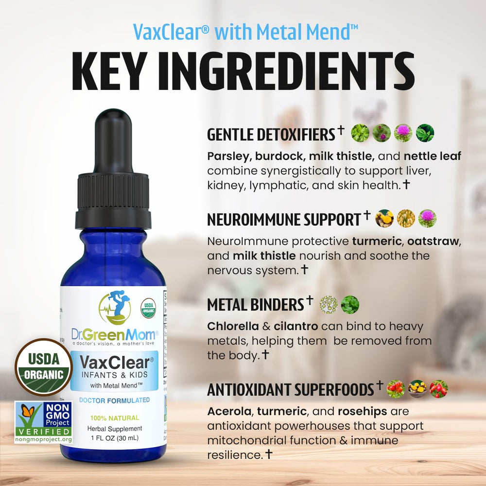 Dr. Green Mom VaxClear USDA Organic emblem on label.