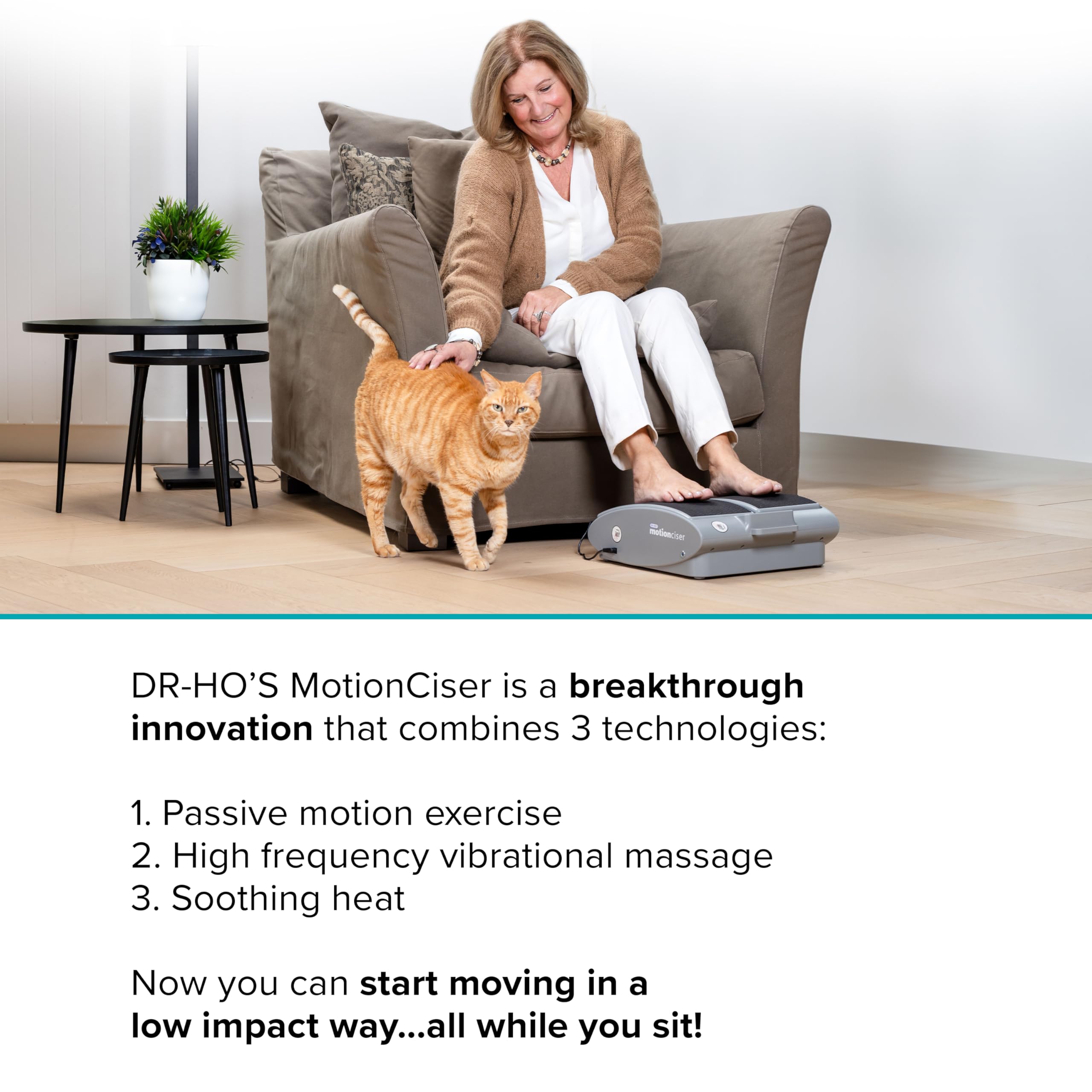 Dr Ho's MotionCiser remote control in use enables easy operation for relaxing on the couch.