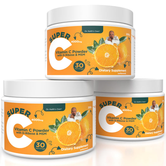 Dr. Keith's Own Super C unflavored powder in a tub for easy daily immune support