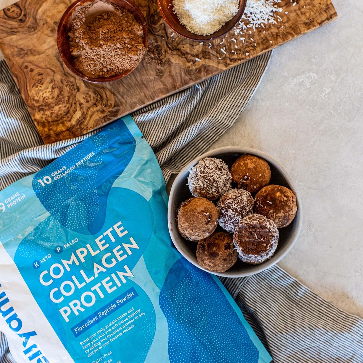 Dr. Kellyann collagen powder on kitchen scene showcasing clean ingredients