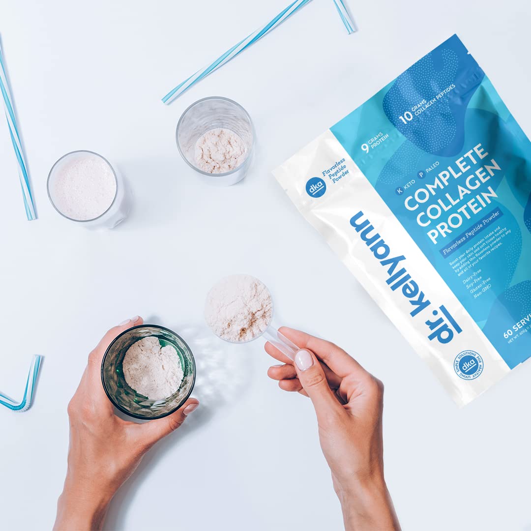 Dr. Kellyann collagen powder packaging highlighting gluten-free and non-GMO quality