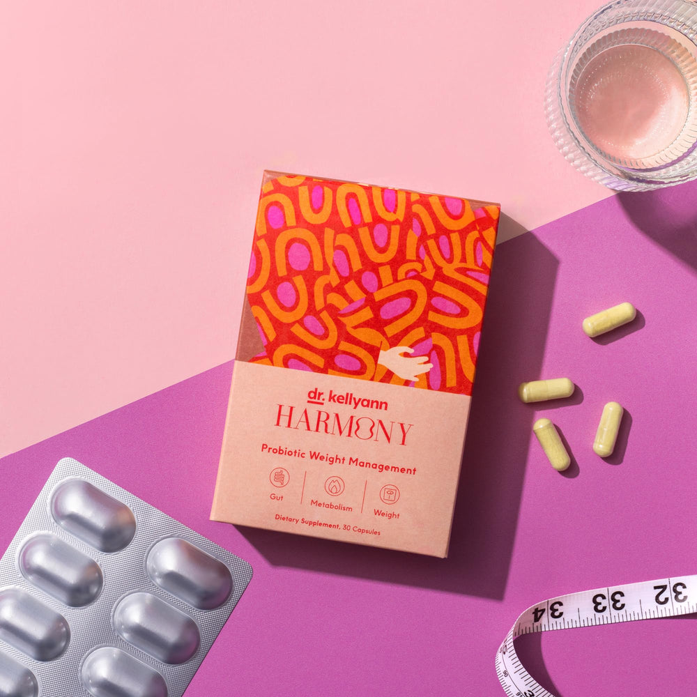 Dr. Kellyann Harmony probiotic bottle front for daily gut support.