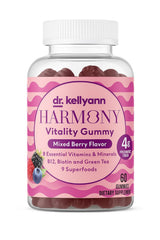 Dr. Kellyann Harmony Vitality Gummies bottle shows mixed berry flavor and supports daily energy.