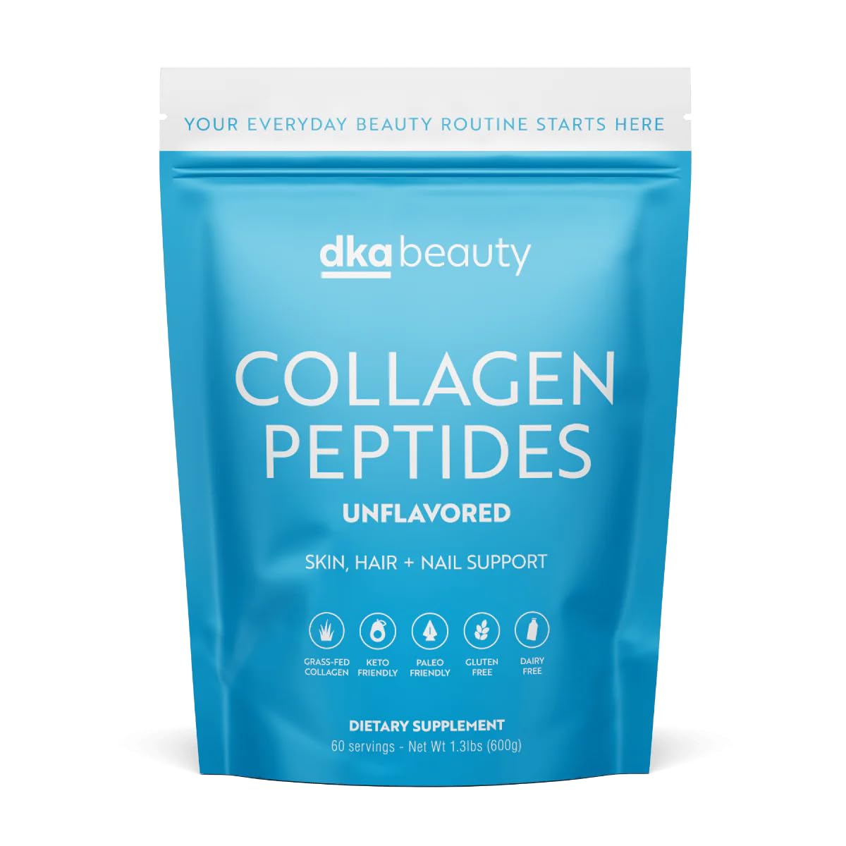 Dr. Kellyann unflavored collagen powder jar on counter for easy daily wellness support