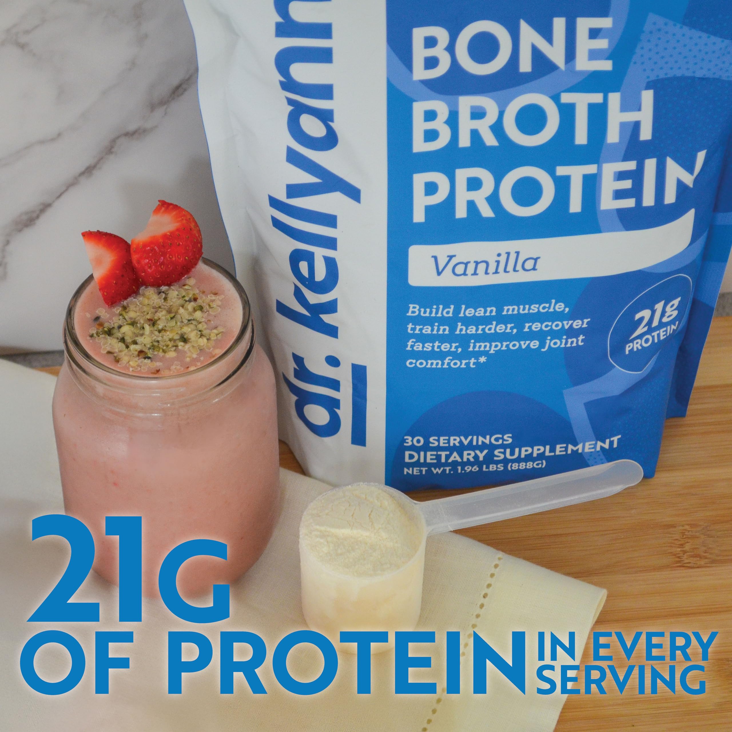 Blender ready Dr. Kellyann Vanilla Bone Broth Protein mixed smoothly