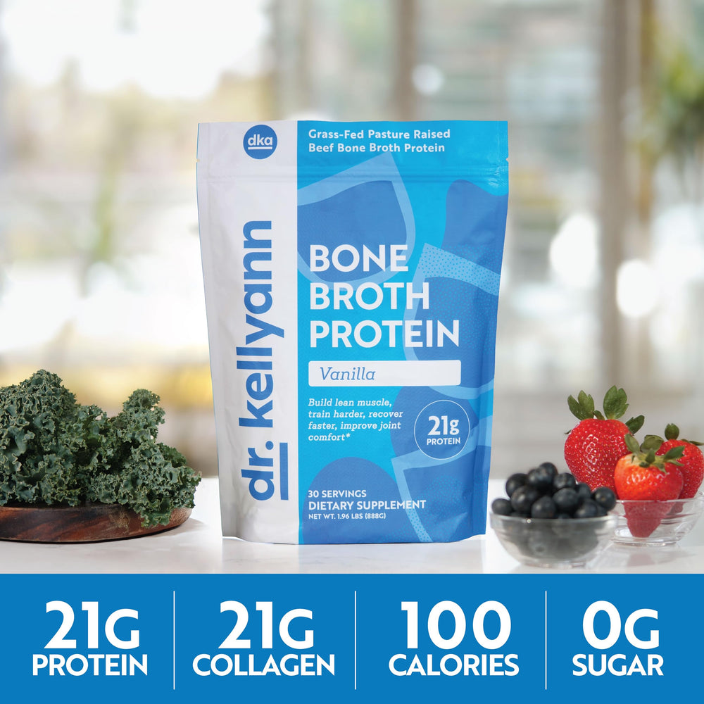 Product packaging for Dr. Kellyann Vanilla Bone Broth Protein Powder