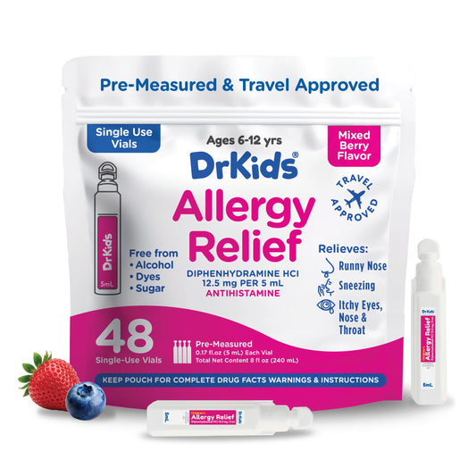 Dr. Kids berry-flavored allergy relief vial for kids, easy dosing on the go