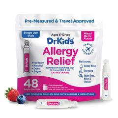 Dr. Kids berry-flavored allergy relief vial for kids, easy dosing on the go