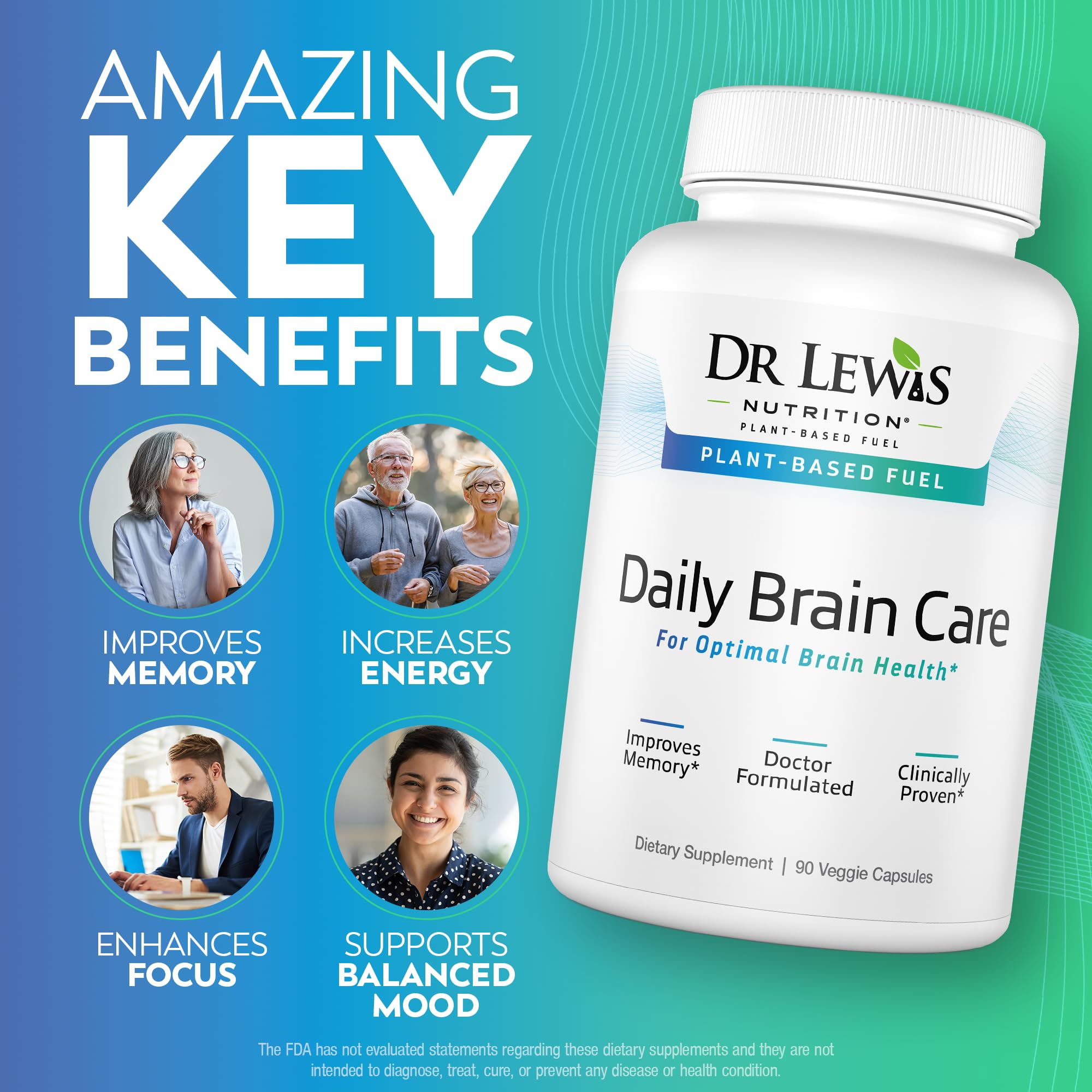 Close-up of Dr Lewis capsules highlighting caffeine-free brain support.