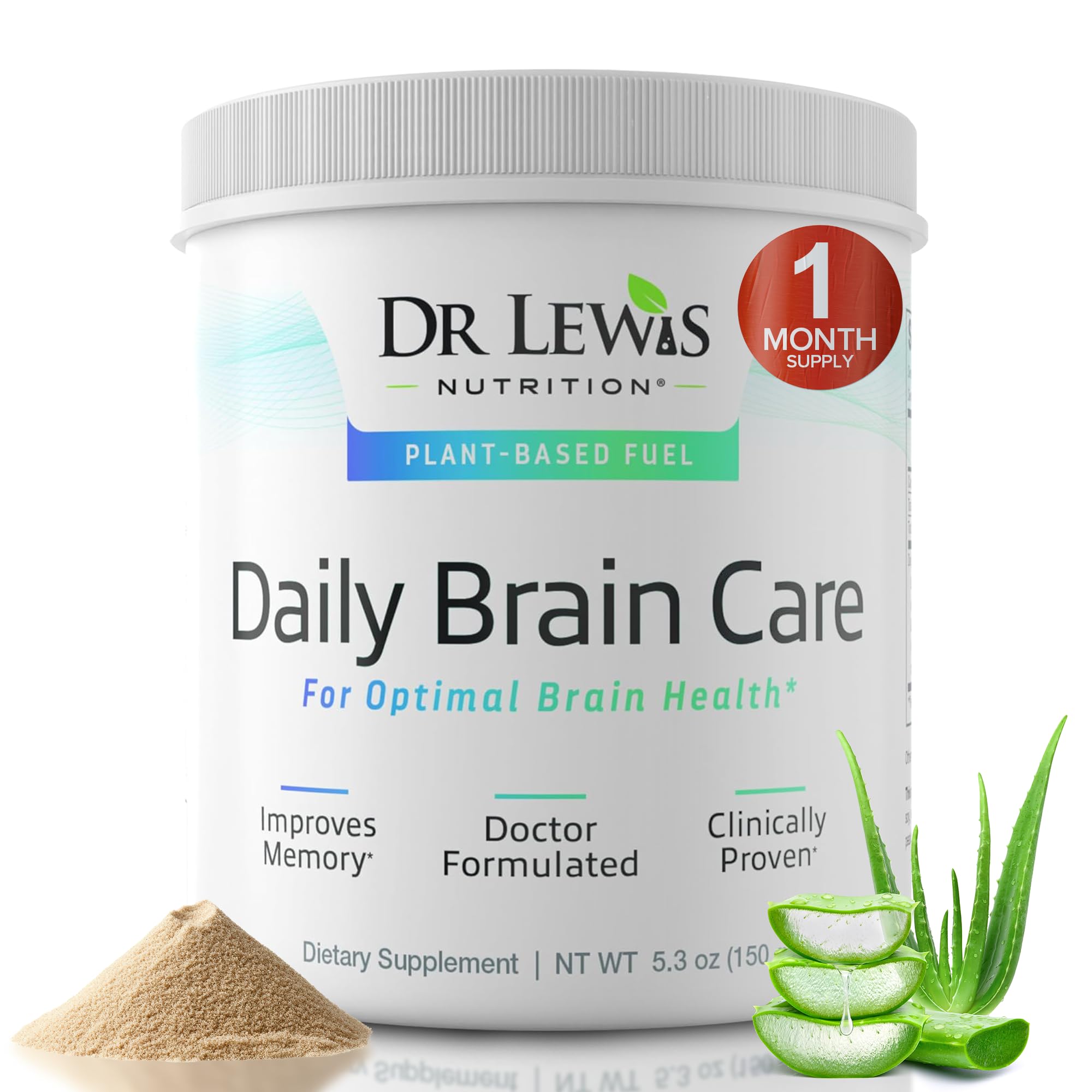 Dr Lewis Daily Brain Care Powder bottle promoting cognitive support