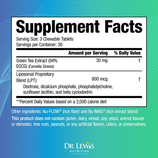 Dr Lewis Nutrition decaf green tea extract chewables package shows vegan, gluten-free formula.