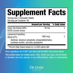 Dr Lewis Nutrition decaf green tea extract chewables package shows vegan, gluten-free formula.